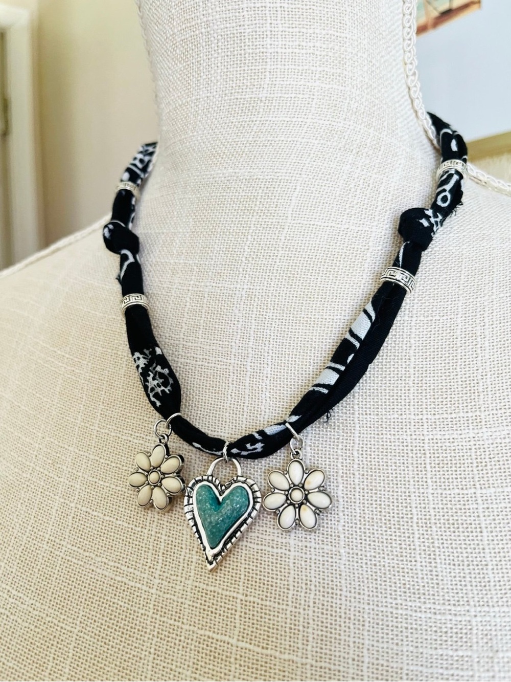 Handmade Black Band Necklace with Turquoise Heart & White Flower Charms